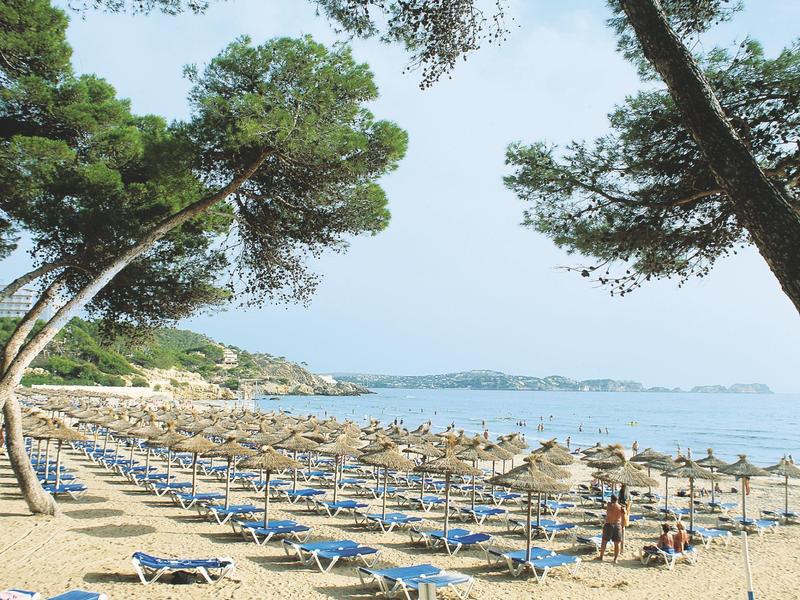 Strand mit vielen Liegestühlen und Sonnenschirmen vor klarem blauem Meer und bewaldeten Hügeln.