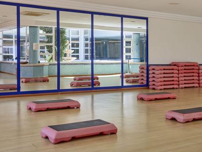 Heller Fitnessraum mit Holzboden, großen Spiegeln und rosa Steppern für Training im Hotel.
