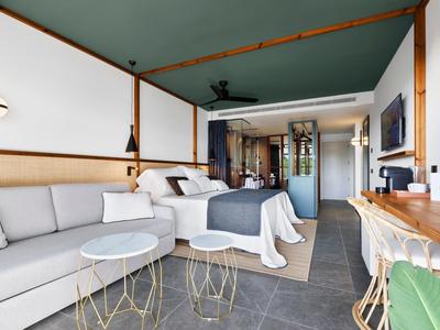 Camera d'hotel moderna con letto, divano, scrivania e bagno aperto.