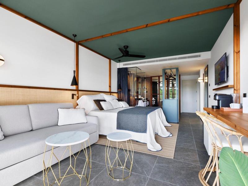 Camera d'hotel moderna con letto, divano, scrivania e bagno aperto.