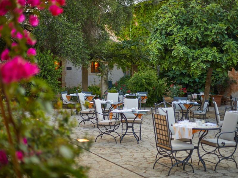 Venkovní posezení kavárny na zahradě s židlemi, stoly a bujnou zelení kolem.