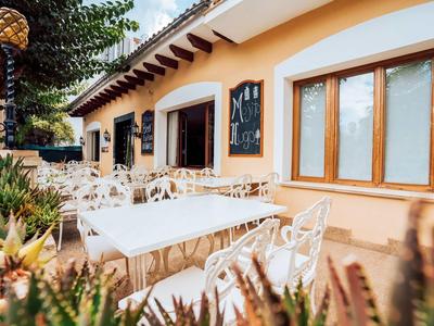 Außenbereich eines Cafés mit weißen Stühlen, Holzfesterrahmen und Pflanzen im Vordergrund.