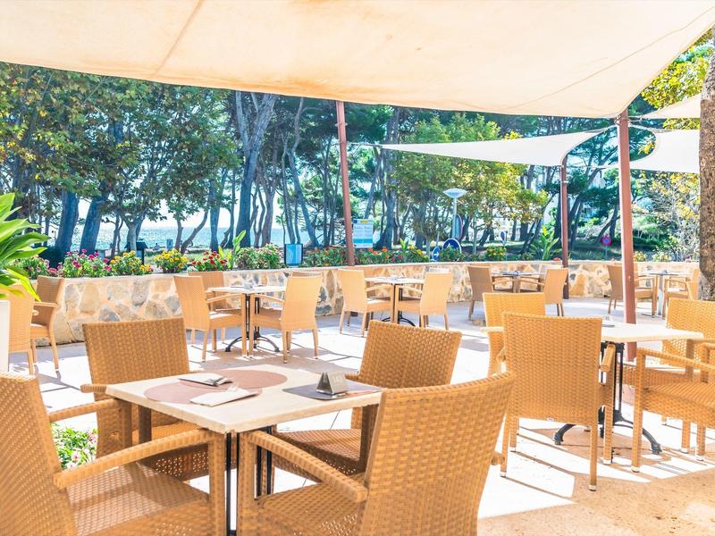 Hell beleuchtete Außenterrasse mit korbflechtartigen Stühlen und Tischen vor grünen Bäumen.