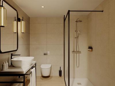 Modern bathroom with glass shower, toilet, and sink on a black frame.