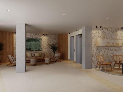 Modern hotel lobby area with seating groups, elevators, and warm wood and stone design.