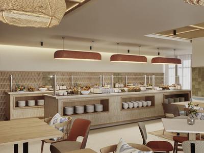 Modern buffet restaurant with seating areas and warm wood accents.