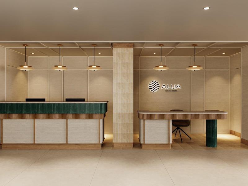Modern hotel lobby reception area with front desk and workspace in neutral tones.