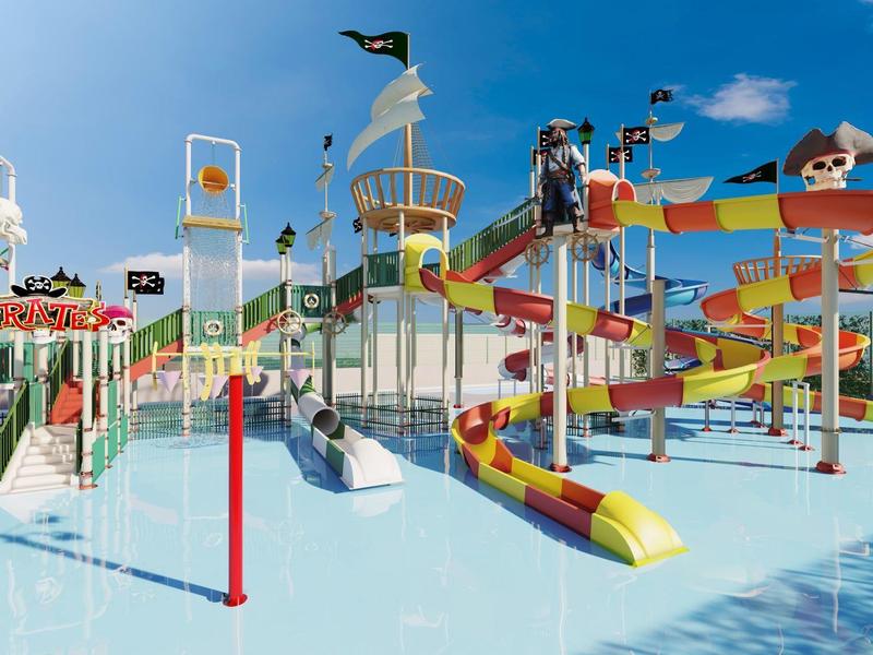 Scivoli acquatici colorati con persone che si divertono in una grande piscina sotto il sole.