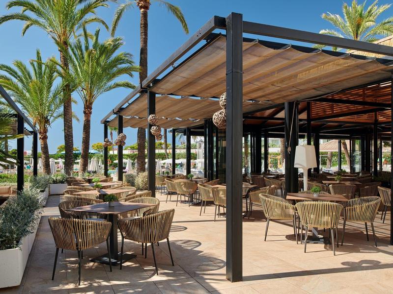 Terrazza esterna di un ristorante con tavoli, sedie e palme sotto un cielo azzurro.