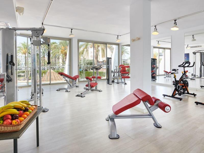 Palestra luminosa con attrezzi moderni e vista sul giardino.