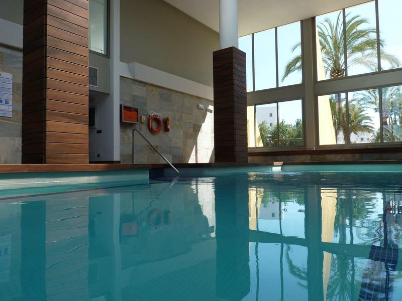 Piscina interna luminosa con grandi finestre e vista su palme.