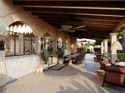 Überdachte Terrasse mit Sitzmöbeln, Pflanzen, Bogenfenstern und Sichtbalken an der Decke.