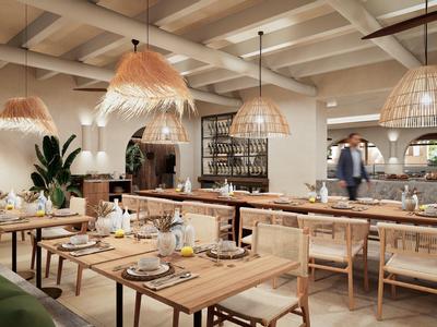 Modern restaurant met houten meubels en gevlochten lampenkappen in warm licht.