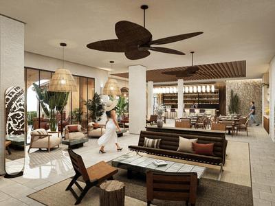 Großer, offener Raum mit modernem Lounge- und Bartresenbereich in warmen Naturtönen.