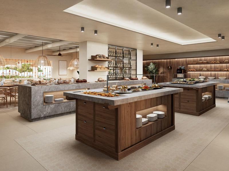 Moderner Buffetbereich mit Holzinseln, Marmorarbeitsplatten und warmem, indirektem Licht.