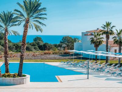 Hotel pool with lounge chairs, palm trees, and sea view under clear sky.