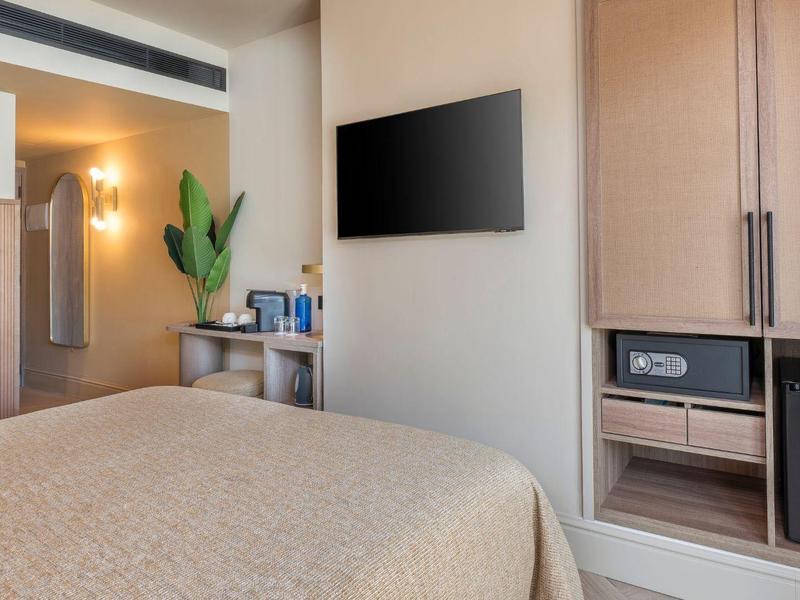 Habitación de hotel compacta con televisor, armario, mini nevera y planta en una mesa auxiliar.