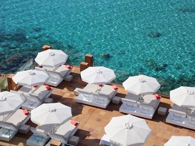 Überblick über Poolliegen mit weißen Sonnenschirmen und türkisfarbenem Wasser im Hintergrund.