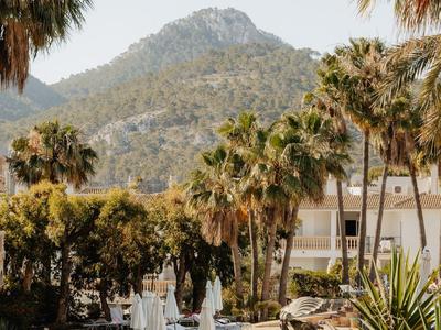 Hotel pool area with palm trees and mountain in the background
