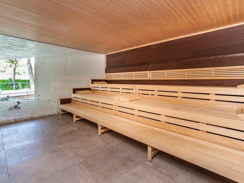 Sala de sauna moderna con bancos de madera clara y una ventana con vista al exterior.