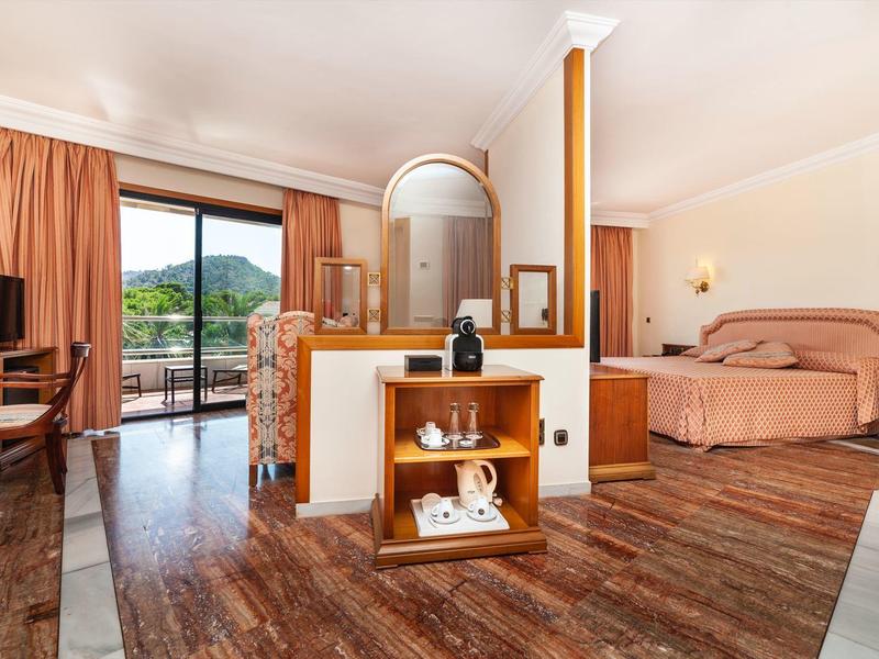 Habitación de hotel luminosa con suelo de madera, cama doble, escritorio y balcón con vista a la montaña.