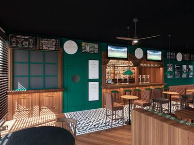 Modernes Café mit Holzbar, grünen Wänden, Hockern, Sitzbänken und gemustertem Boden.