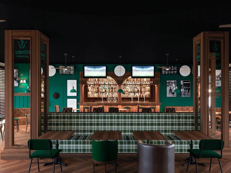 Bar moderno con accenti verdi, illuminazione calda e atmosfera elegante.