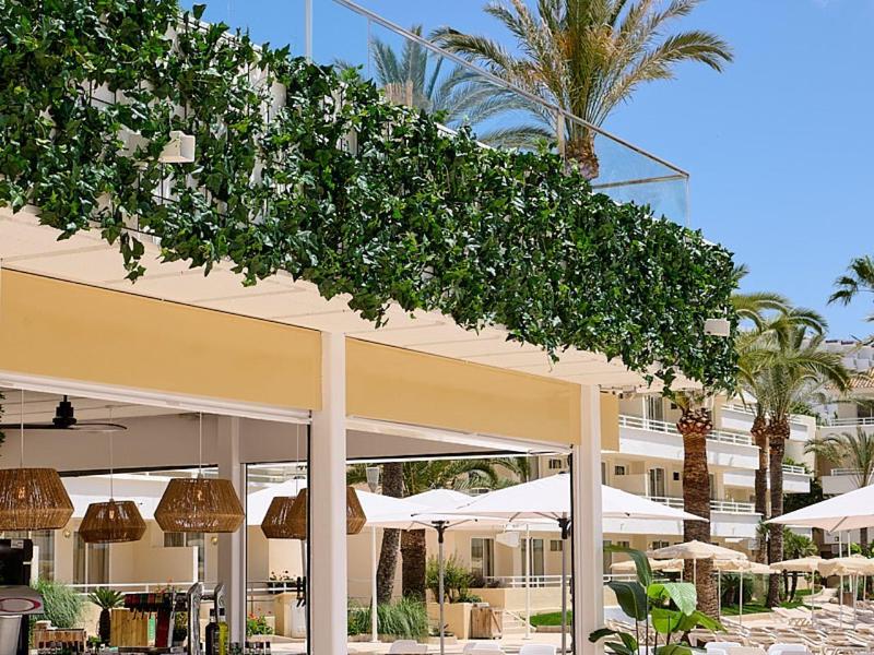 Terrazza di un bar con ombrelloni e sedie sotto un cielo blu.