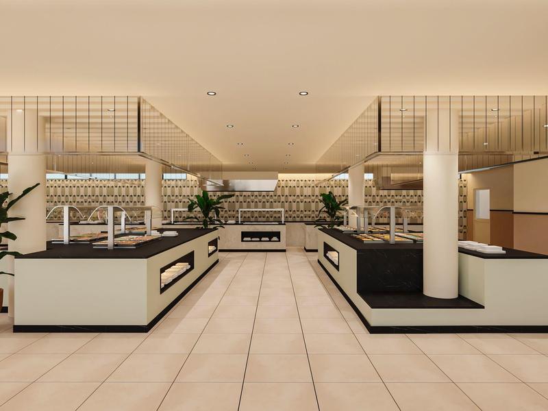 Reception moderna con banconi doppi e piante decorative in hotel.