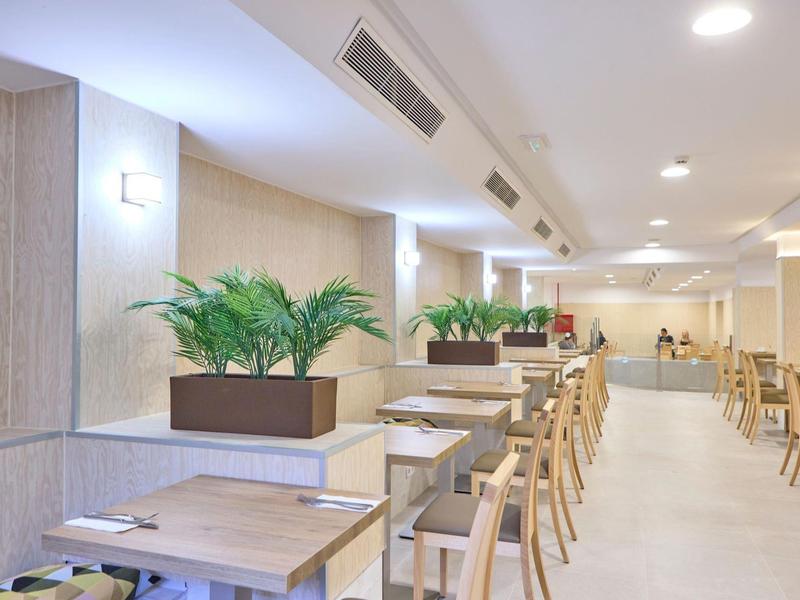 Heller, moderner Speiseraum mit Holztischen, Stühlen und Pflanzen in rechteckigen Kästen.