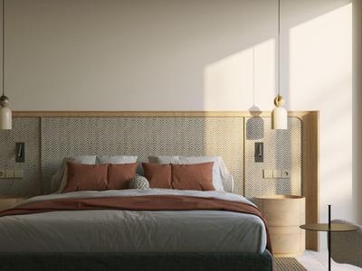 Moderní ložnice s velkou postelí, béžovými stěnami a přirozeným světlem.