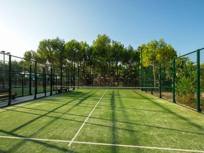 Pista de tenis vacía con césped artificial verde y red circundante en un día soleado