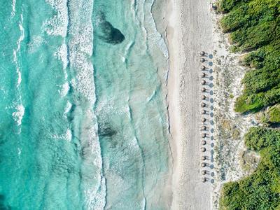 Vista aerea di una spiaggia con acqua trasparente, ombrelloni e foresta fitta.