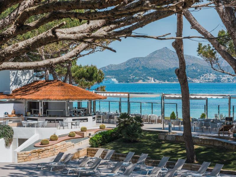 Terraza del hotel con vista a la piscina, sombrillas, árboles y mar de fondo bajo cielo despejado.