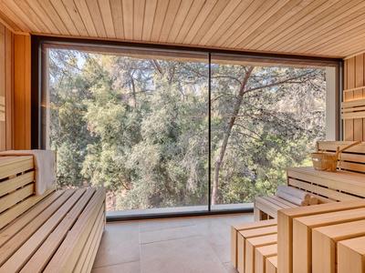 Sauna con revestimiento de madera y gran ventanal con vista a los árboles.