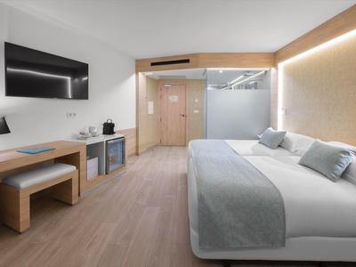 Moderní hotelový pokoj s manželskou postelí, psacím stolem, televizí a světlým dřevěným nábytkem.