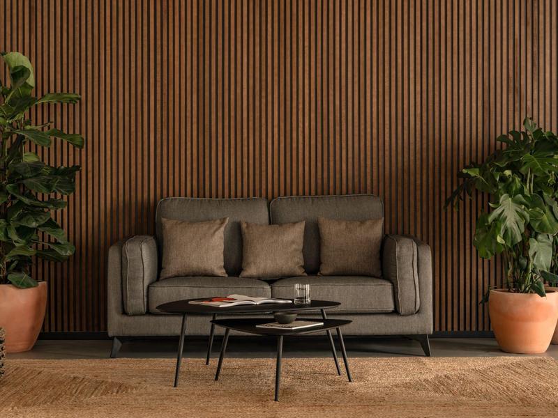 Soggiorno moderno con divano grigio, due piccoli tavoli neri e grandi piante verdi in vaso.