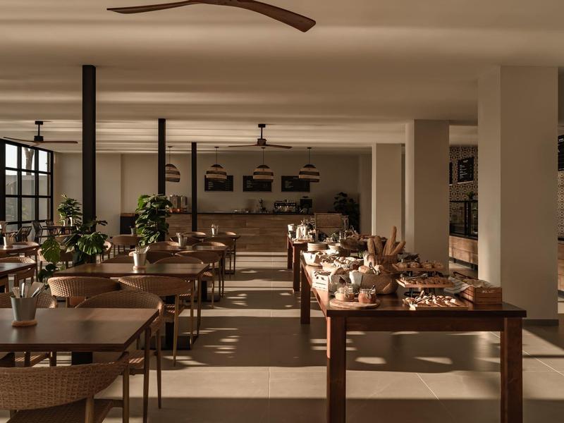 Ristorante moderno e luminoso con tavoli e sedie in legno, piante, luce solare attraverso grandi finestre.