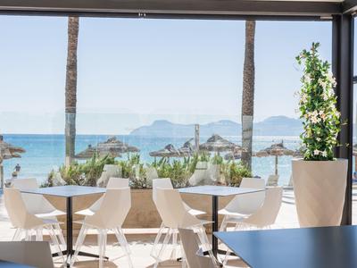 Terrasse avec chaises blanches et tables donnant sur la mer et des palmiers en dessous.