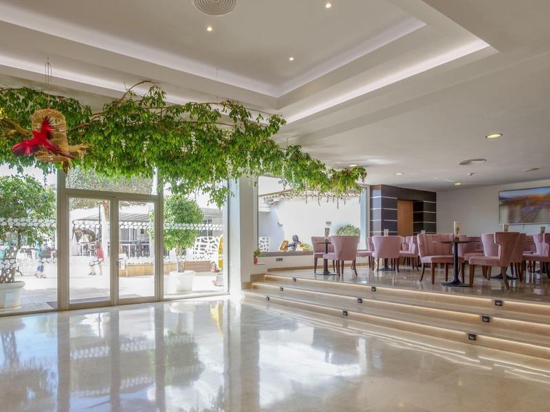 Salle à manger lumineuse avec des marches, des plantes vertes au plafond et accès à la terrasse avec vue sur la plage.