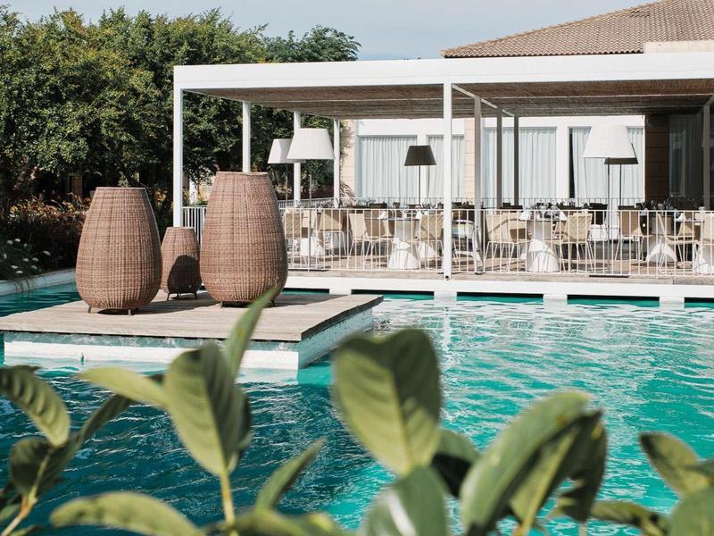 Moderner Swimmingpool mit blauer Wasseroberfläche vor Terrasse und Pflanzen im Vordergrund.