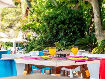 Kolorowy stół na zewnątrz z napojami i miejscami do siedzenia na tle zielonych roślin.