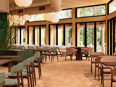 Helles Hotelrestaurant mit hölzernen Stühlen, Tischen und großen Fenstern mit Blick auf Grünflächen.
