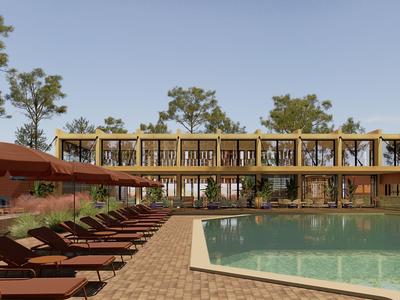 Moderner Hotelpool mit Liegestühlen und Sonnenschirmen in natürlicher Umgebung unter blauem Himmel.