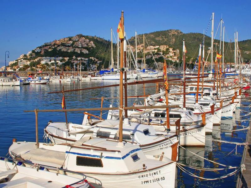 Porto con molte piccole barche a vela davanti a una città costiera sotto un cielo limpido.