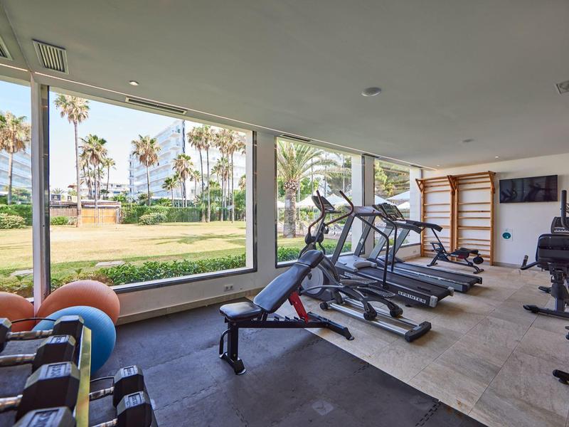Gimnasio con cintas de correr, equipos de entrenamiento y grandes ventanas con vista a palmeras.