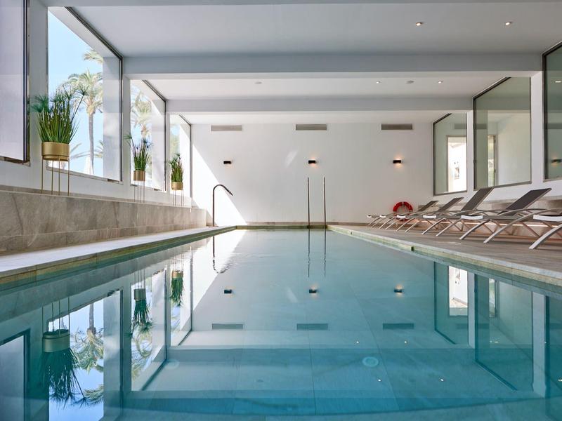 Piscina interior moderna con grandes ventanas, tumbonas y plantas en el hotel.
