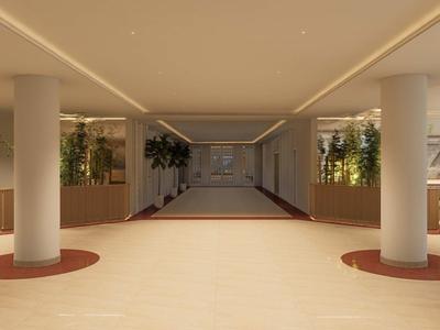 Nowoczesny korytarz hotelowy z kolumnami, oświetleniem sufitowym i zielonymi roślinami na ścianach.