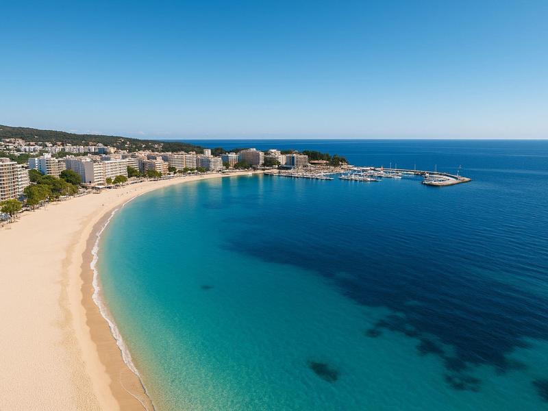 Plage avec sable doré et eau bleue claire le long d'une côte avec des hôtels.