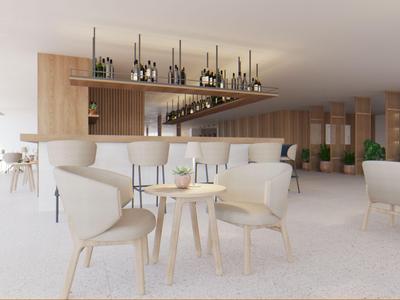 Moderner Hotel-Loungebereich mit weißen Sesseln, kleinen Tischen und einer Bar mit Weinflaschen.